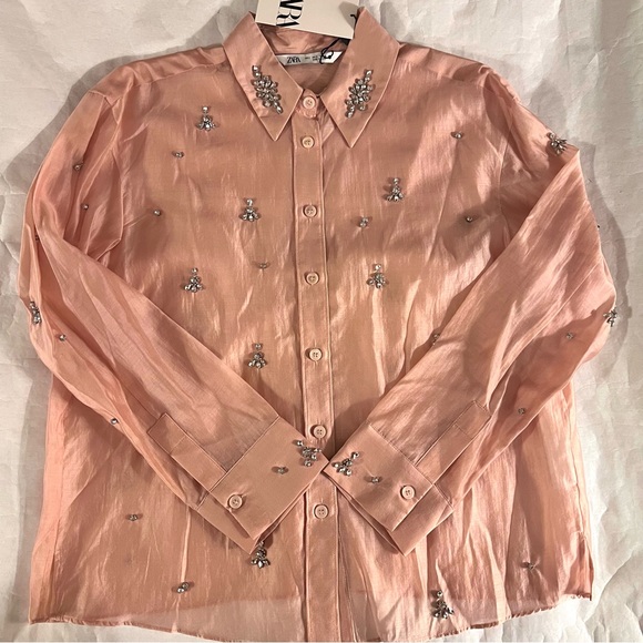 Zara Rhinestone Embellished Button Up Shirt Pink Blush Small - Picture 11 of 12